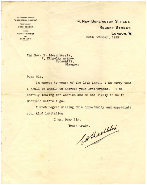 Ernest Shackleton Letter Signed From 1913 While Planning His Imperial Trans-Antarctic Expedition -- ''...I am shortly leaving for America...''